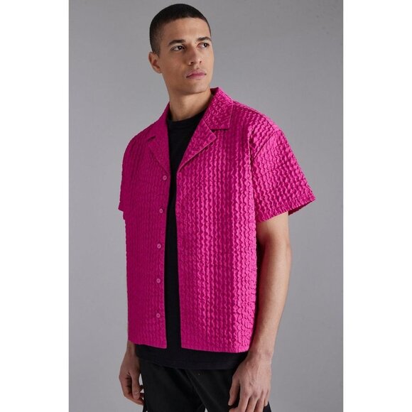 NWT‎ Boohooman SHORT SLEEVE BOXY EXTREME TEXTURE SHIRT in Pink - Size Medium - Picture 1 of 9